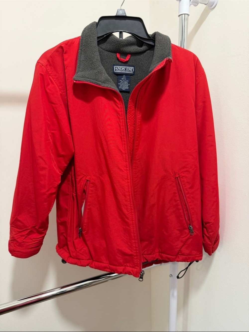 Lands' End Red Windbreaker Jacket with Gray Fleece Collar